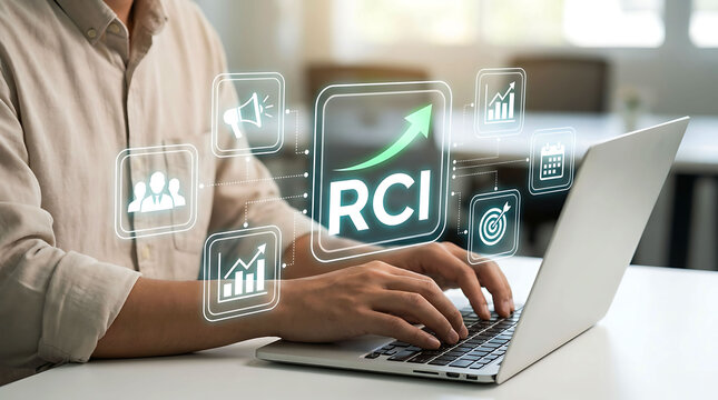 Businessman analyzing RCI business growth data on laptop computer
