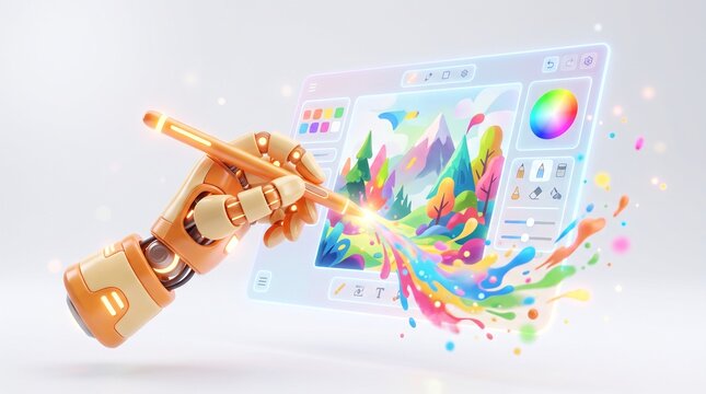 3D illustration of robotic hand drawing colorful art on virtual graphic screen