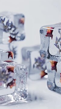 Botanical ice cubes containing lavender and dried flowers stacked on light background in macro view