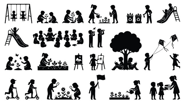 Children outdoor activities silhouette icons, kids playing in park vector set, childhood education and recreation elements for school projects
