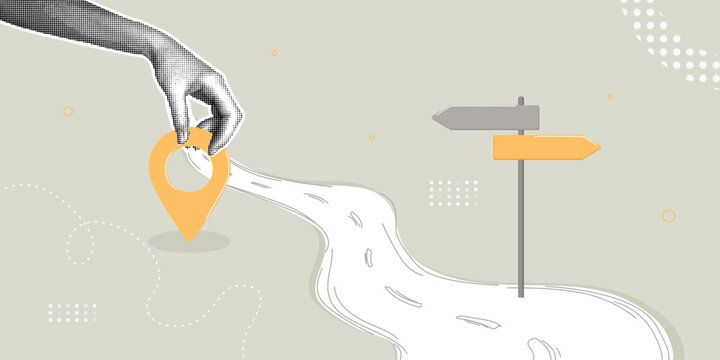 A hand placing a location marker on a road map next to a signpost.Stylish halftone collage.Navigation concept for travel and trip planning.Illustration of a digital route and travel destination search