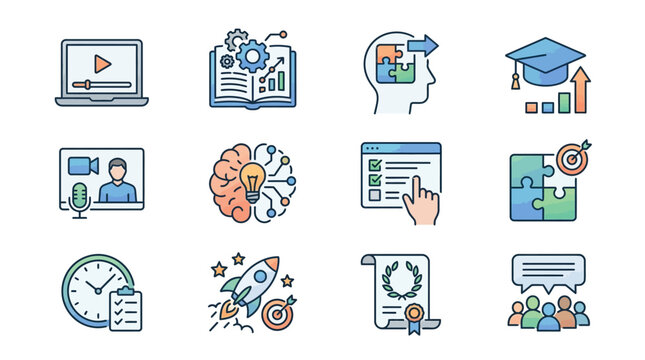 Modern Educational and Learning Process Icons Set with Colorful Illustrations and Symbols with high quality professional line art symbols for modern creative design and digital branding projects