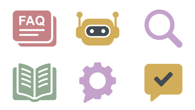 Modern vector illustration set featuring colorful flat icons for faq chatbot search book gear and checkmark service support symbols