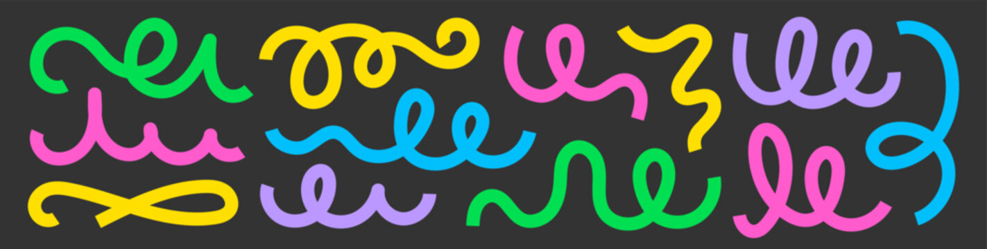 Line pattern shape abstract set. Hand drawn line pattern squiggle curve swirl with geometric random wavy texture. Cute kid children confetti carnival celebration background. Vector illustration
