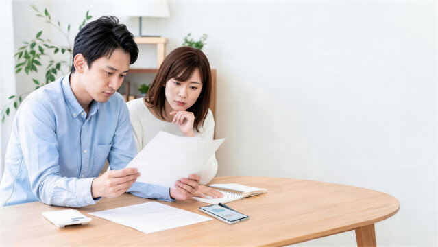 自宅で家計書類を確認し将来設計を相談する日本人夫婦