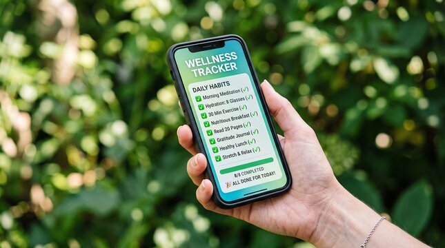 Hand holding smartphone with wellness tracker app showing daily healthy habits checklist outdoors
