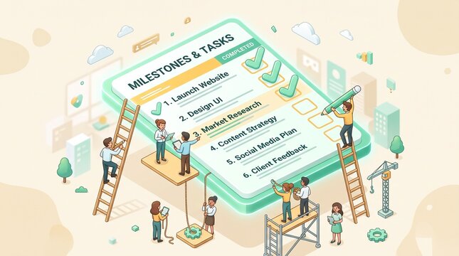 Isometric Illustration of Business Team Managing Project Milestones and Tasks on Digital Screen