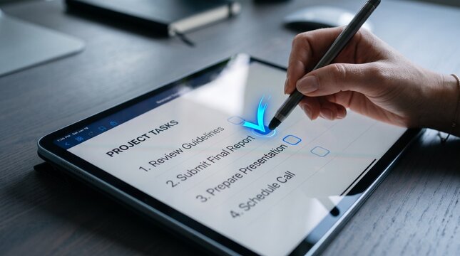 Hand of a person checking completed project tasks on a digital tablet screen with stylus