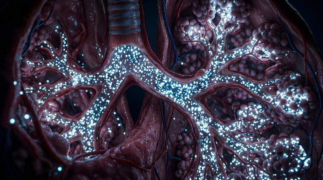 Pulmonary airways illuminated by glowing oxygen particles. Respiratory filtration enhancing systemic cellular vitality. Biological render for hyperbaric aesthetic clinics.