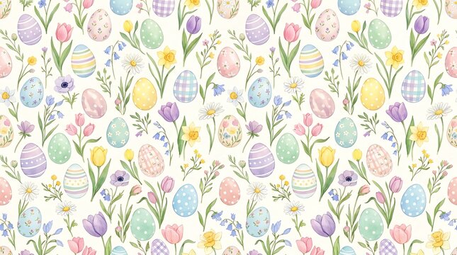 Watercolor easter eggs and spring flowers seamless pattern