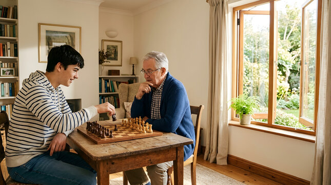 Senior man and young grandson embracing a digital detox, analog lifestyle as they play a friendly game of chess at home in their cozy living room