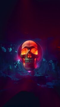 Stylized Human Skull Glowing Orange In Front Of Mystic Portal 3D Render