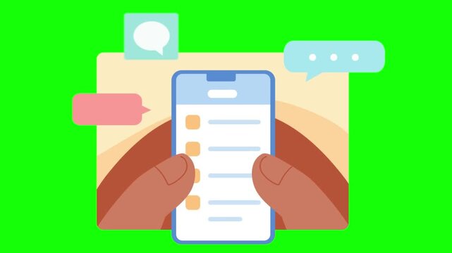 Hand drawn speech bubble with Hello text. Animated doodle cloud shape on a bright green background.