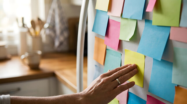 Hand reaching to colorful sticky notes on a refrigerator door in a cozy kitchen, practicing a digital detox and analog lifestyle