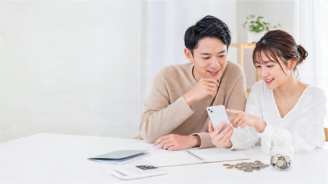 スマートフォンを見ながら積立投資を相談する若い日本人夫婦