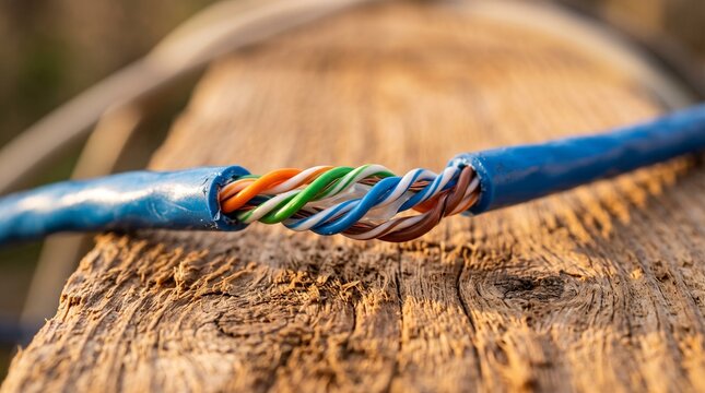 Close-up of Stripped Blue Ethernet Network Cable Showing Twisted Pair Wires on Rustic Wooden Surface