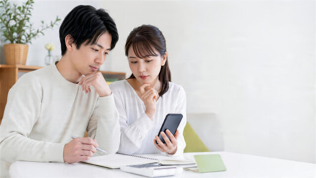 スマートフォンを見ながら家計簿を確認する若い日本人夫婦