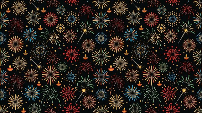 Colorful firework bursts and oil lamps seamless festive pattern