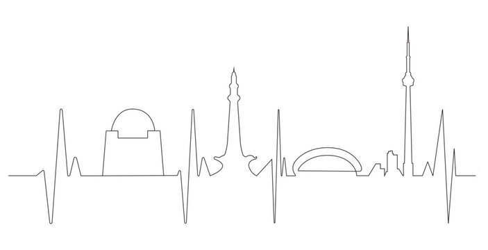 Continuous line art of Pakistan skyline with heartbeat ECG pulse line.