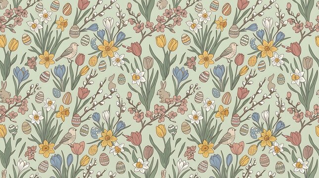 Seamless vintage floral pattern with easter eggs birds and bunnies