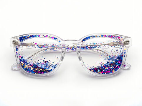 Clear eyeglass frames filled with colorful liquid and floating purple and blue glitter confetti eyeglasses confetti transparent accessory colorful creative