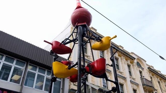 Looking up at bucket fountain on Cuba Street in Te Aro, Wellington, New Zealand Aotearoa