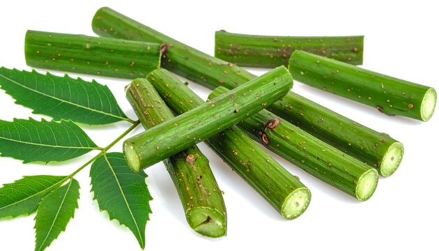 Fresh green string beans with leaves on white background.