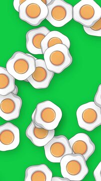 Vertical Animation of Stylized Fried Eggs Falling Against Green Background