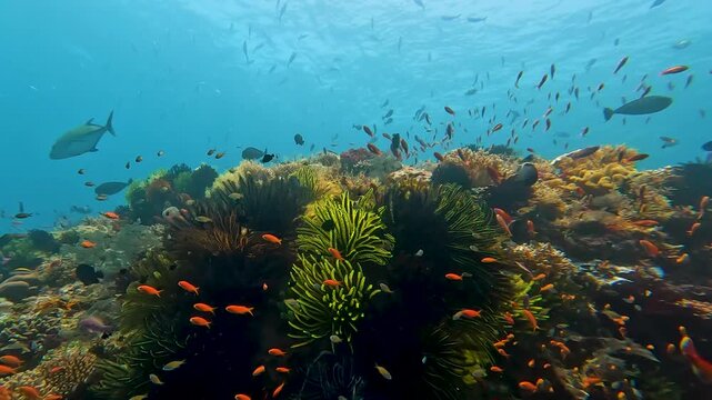 Scuba diving biodiverse coral reef environment with giant trevally, unicornfish, and other tropical fish in Timor-Leste, Southeast Asia