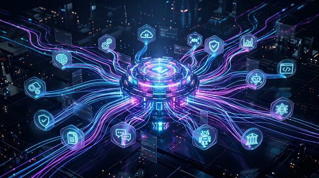 Advanced AI Processor Core and Autonomous Intelligent Agents Network with Glowing Hexagonal Tech Icons for Cloud Computing, Security, and Code Automation