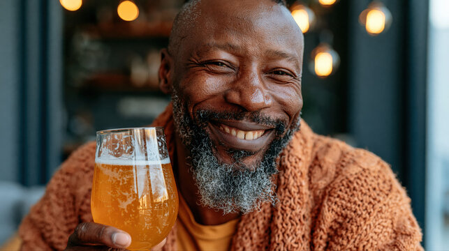 Craft beer brewing process in homemade rustic brewery. Man with beard holding a glass of craft beer in a cozy brewery setting with warm lighting and decorative elements