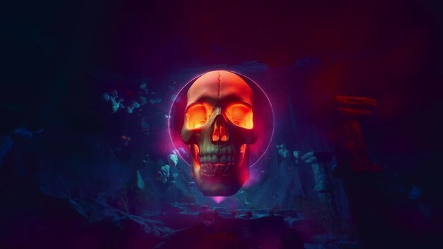 Stylized Human Skull Glowing Orange In Front Of Mystic Portal 3D Render