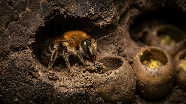 tawny mining bee building nest underground