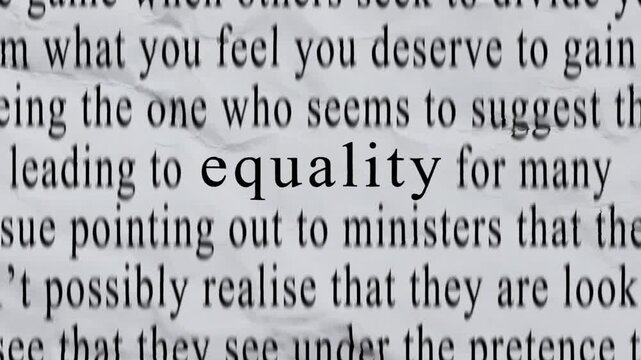 EQUALITY Text in Centre with High-energy Fast Text Stop-Motion Writing Cycling Rapidly on Crinkled Texture Paper. Newspaper Cuttings Style animation. 4K