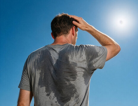 Sweaty Man in Soaked T-Shirt Under Intense Summer Sun