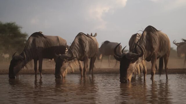 Wildebeest Gnu Close Up Drinking Water in Africa, Safari Animals on African Wildlife Nature Safari in the wild in natural habitat at a Watering Hole in Dry Season in Dusty Scene.