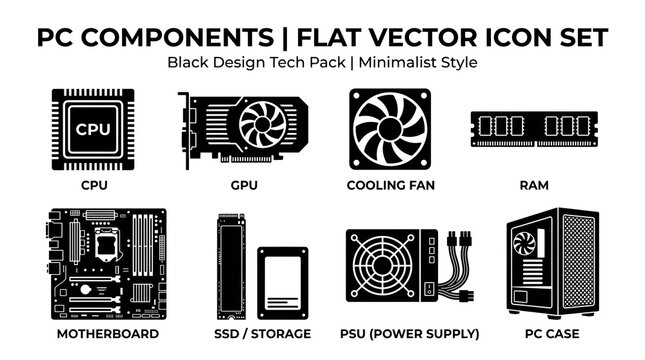 PC hardware components. Flat vector icons set for computer design
