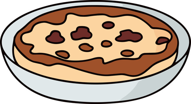 Cartoon bowl of baked beans with cheese topping, simple illustration