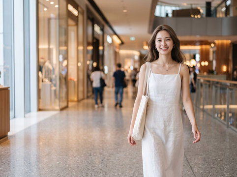 明るい商業施設で買い物を楽しむキャミソールワンピース姿の女性