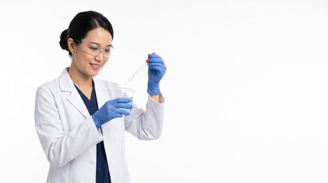 Asian female scientist in white lab coat using a pipette, isolated on a white background. Perfect for medical research.