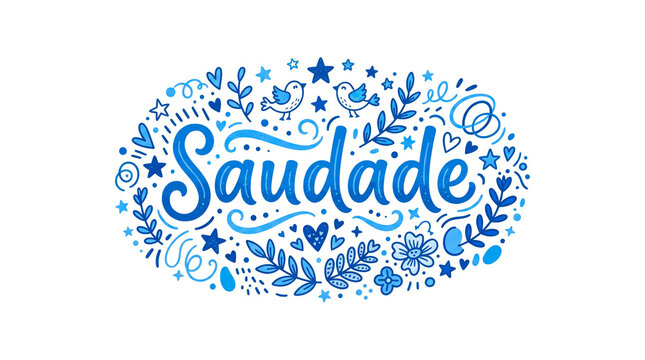 Saudade Blue Hand Drawn Doodle Typography Isolated on White Background
