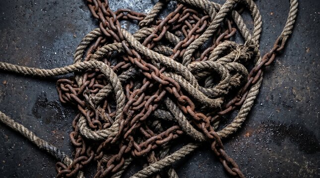 Tangled Pile of Rusty Metal Chains and Thick Ropes on Dark Industrial Surface