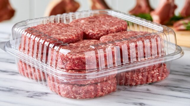 Pack of raw beef burger patties in clear plastic clamshell container on marble surface