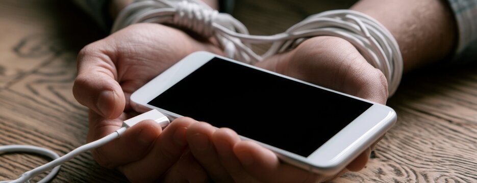 Hands holding smartphone wrapped in charging cable on wooden table, concept of addiction