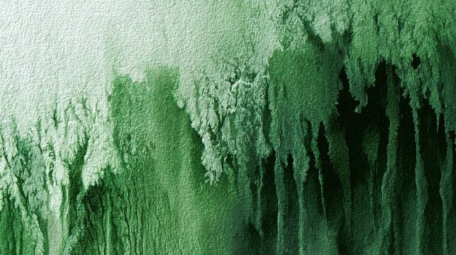 Textured abstract watercolor artwork with multi-tone green fluid blends shifting from light mint to deep forest green forming organic streaks, distinct vertical grain rough cold-press paper with poole