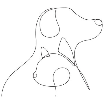 Single line illustration of a dog and puppy or cat friends representing pet care and love.