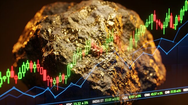 A large gold nugget displayed on a digital screen with fluctuating stock market charts and graphs in the background.