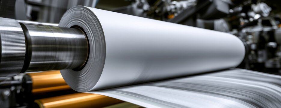 Printing paper roll in printing press machinery during production  
