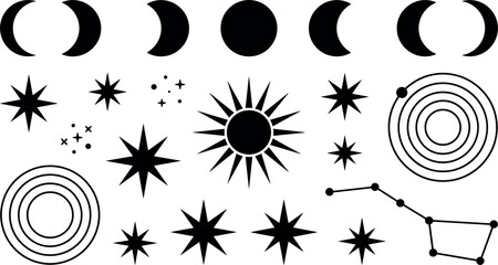 Celestial Astrology and Space Icon Set Featuring Moon Phases Mystical Sun Sparkling Stars Big Dipper Constellation and Planetary Orbit Graphic Vector Silhouette Illustration © James walker