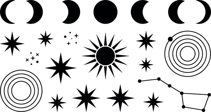 Celestial Astrology and Space Icon Set Featuring Moon Phases Mystical Sun Sparkling Stars Big Dipper Constellation and Planetary Orbit Graphic Vector Silhouette Illustration